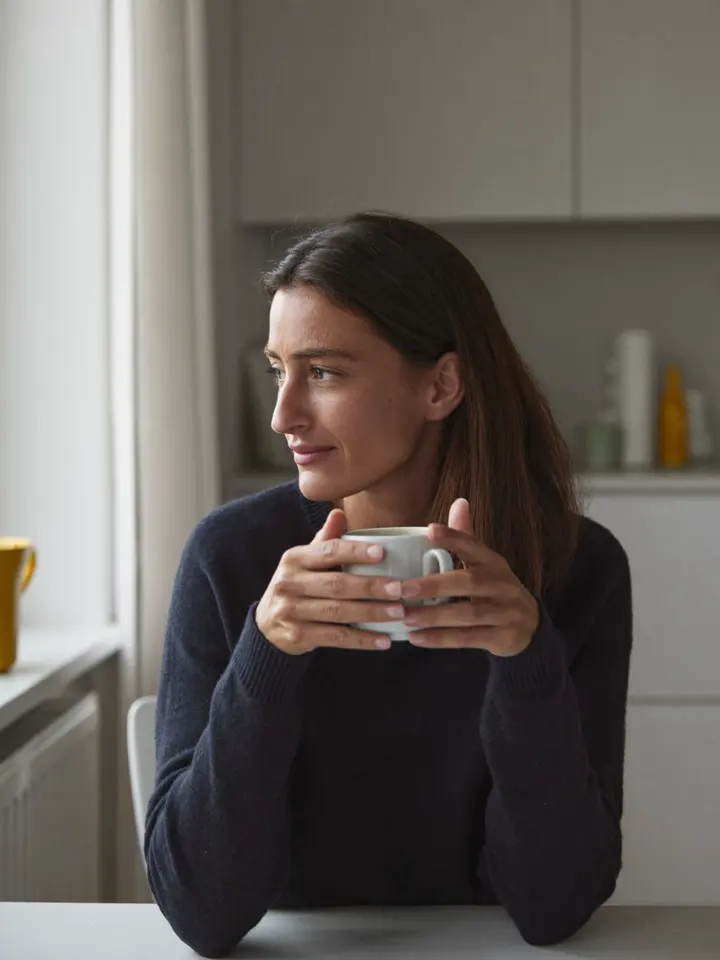 A woman holding a mug of coffee by a kitchen window in the morning