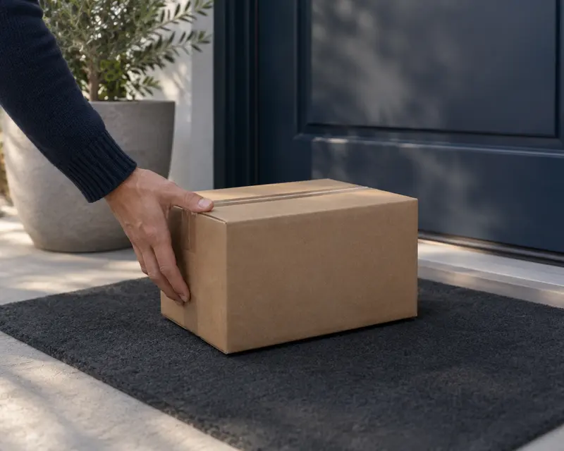 A hand reaching for a plain delivery box on a doormat at a front door